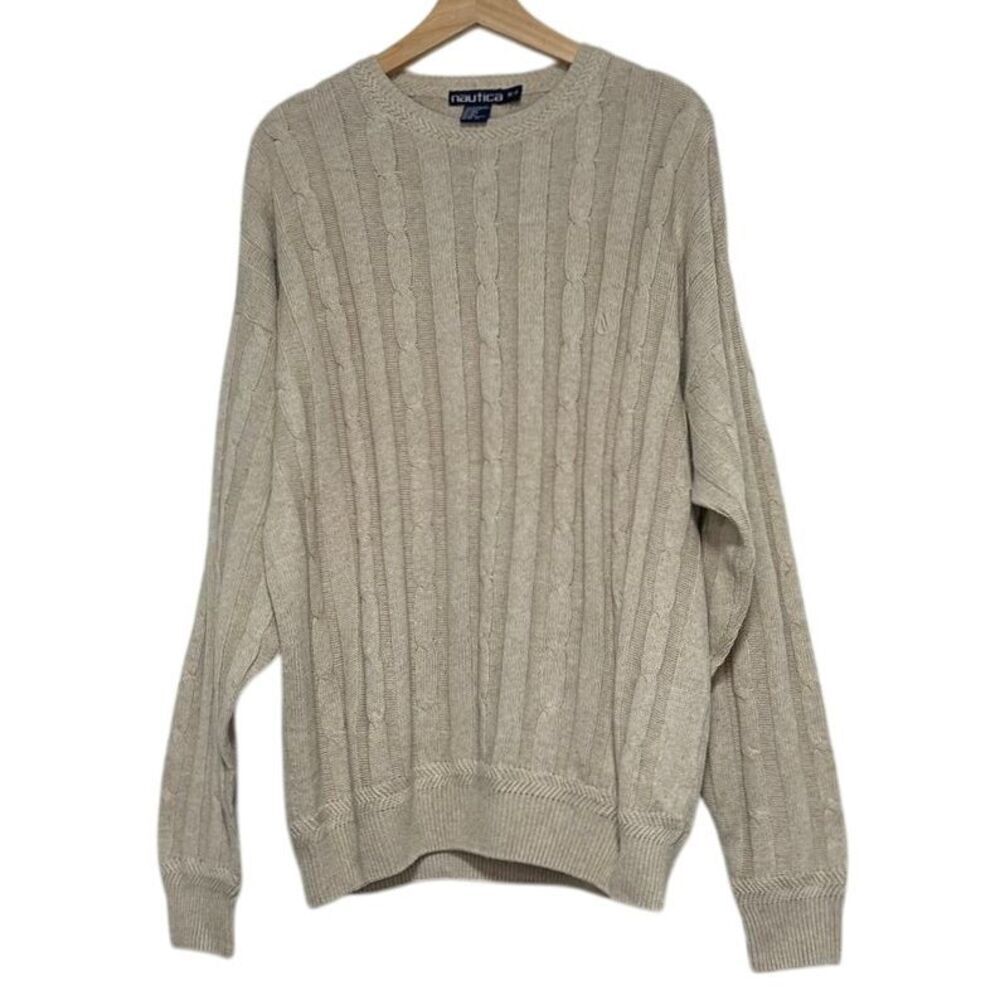 Nautica Cable‎ Knit Sweater Classic Fit Cotton Linen Beige Oversized M Preppy